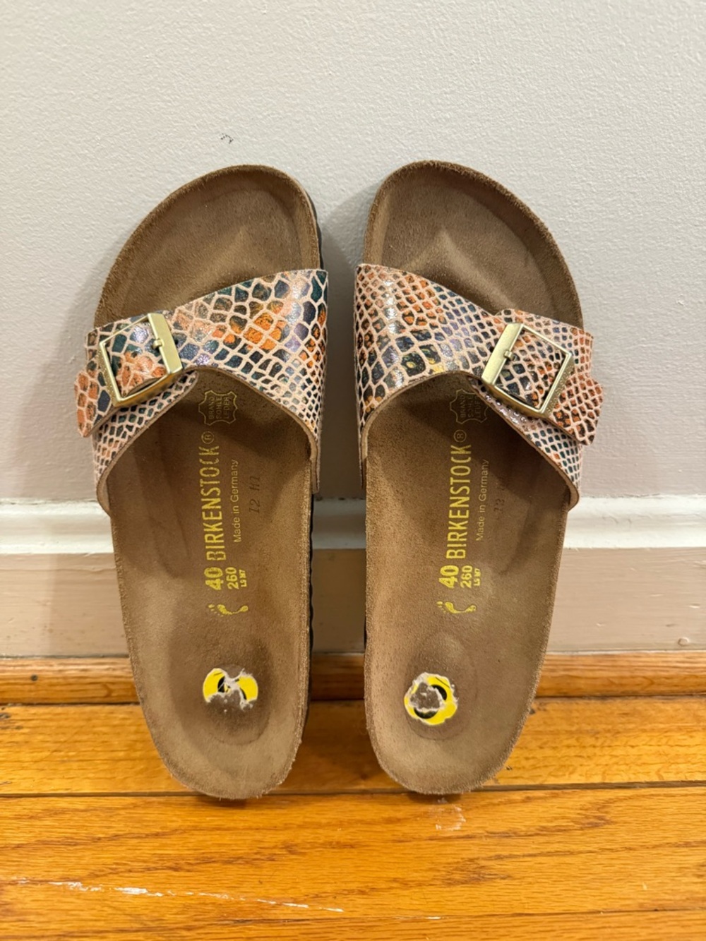 Birkenstock Single Strap Slides in Multi Snake Print (Tan, Peach, Black)